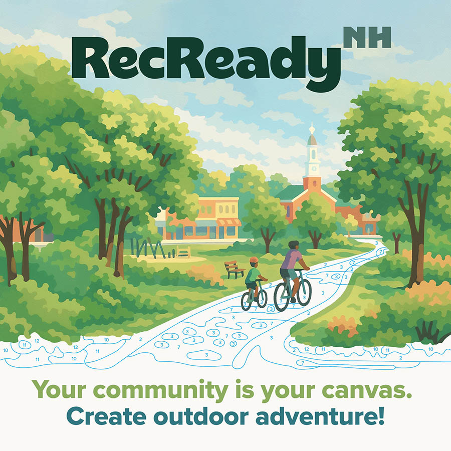 a graphic of bicyclists on a path through the trees